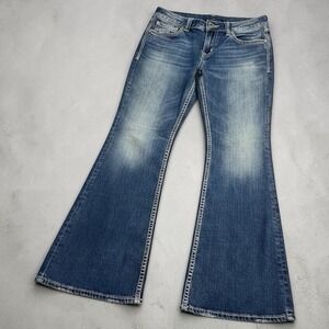 Silver Jeans Flared Jeans Blue Denim Medium Wash Embroidered Stretch 34x31.5